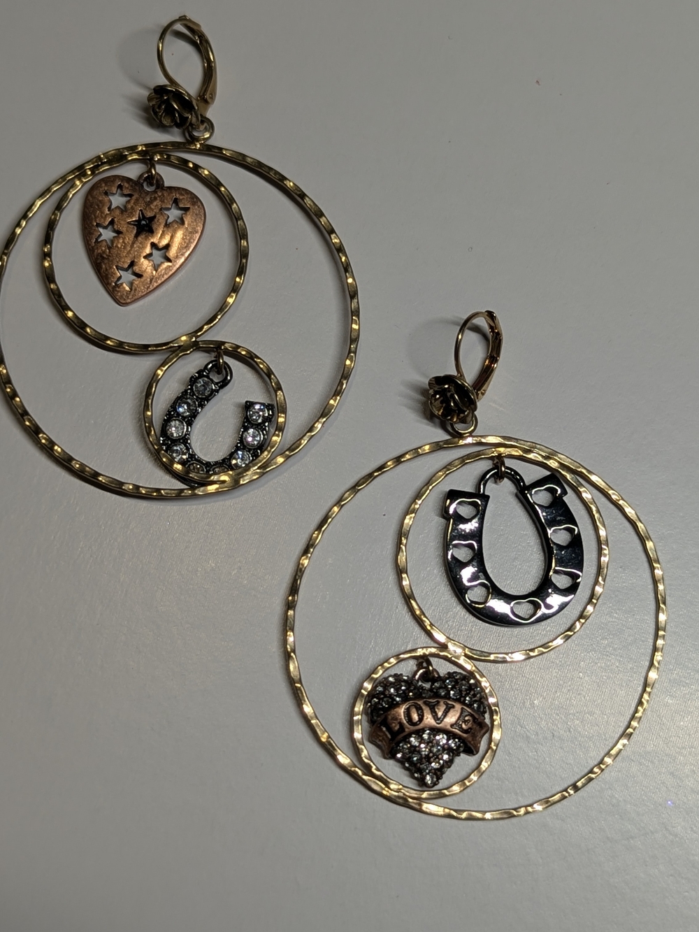 Betsey Johnson Gold & Rose Gold Horseshoe and Heart Dangle Earrings